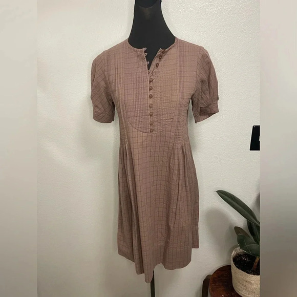 ModCloth Brand Brown Plaid Midi with Puff Sleeves Dress Medium - Picture 1 of 6